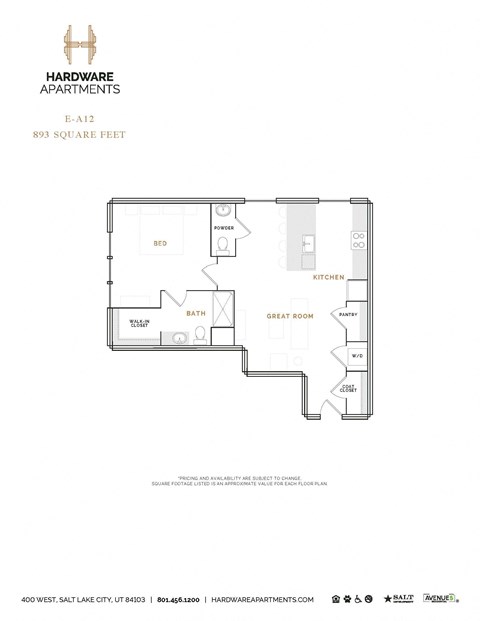 Floor plan for 1 bed, 1 bath, 616 sqft